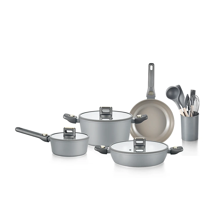 Batterie de cuisine en céramique grise avec poignée amovible