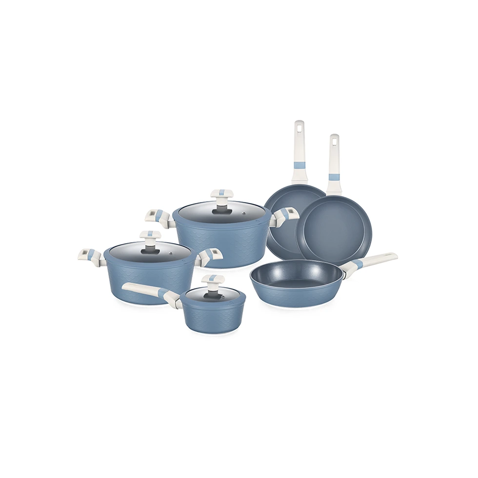 Batterie de cuisine antiadhésive en aluminium forgé de couleur bleue de sirène de conception brevetée
